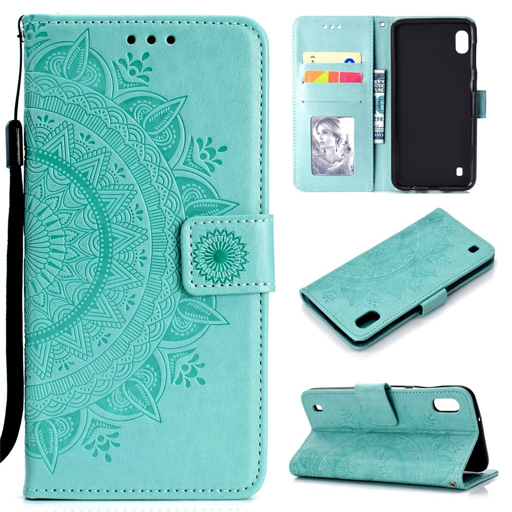 Læderpung-etui med tryk og blomstermotiv til Samsung Galaxy A10