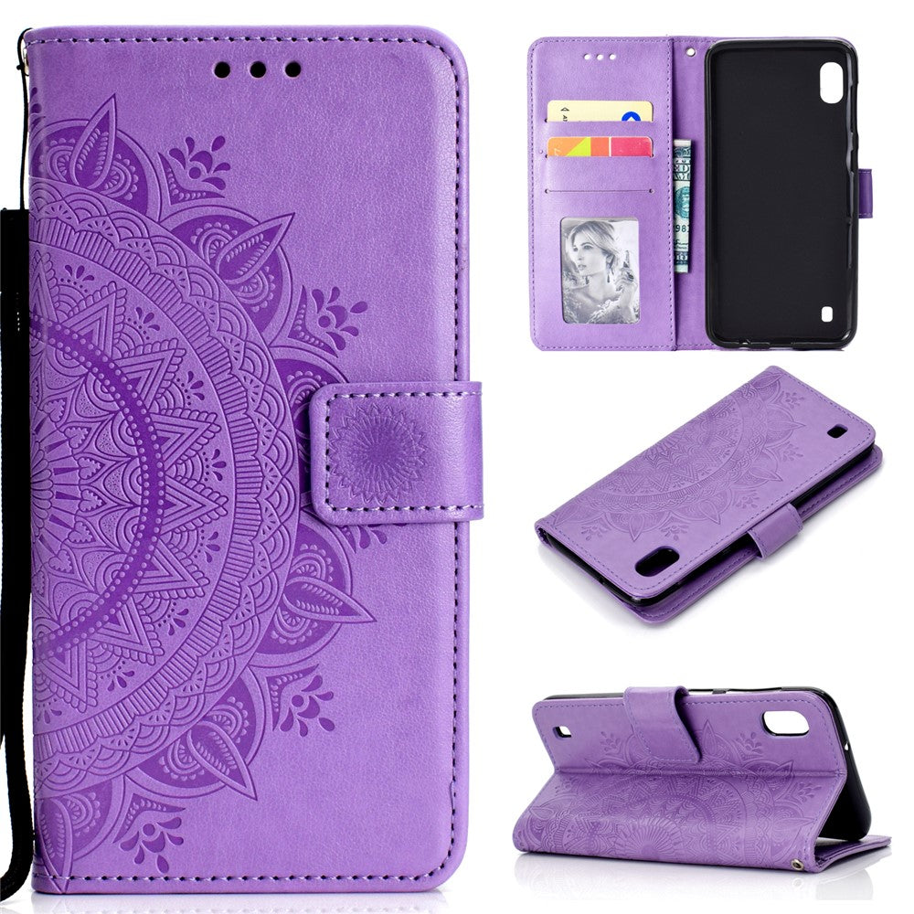 Læderpung-etui med tryk og blomstermotiv til Samsung Galaxy A10