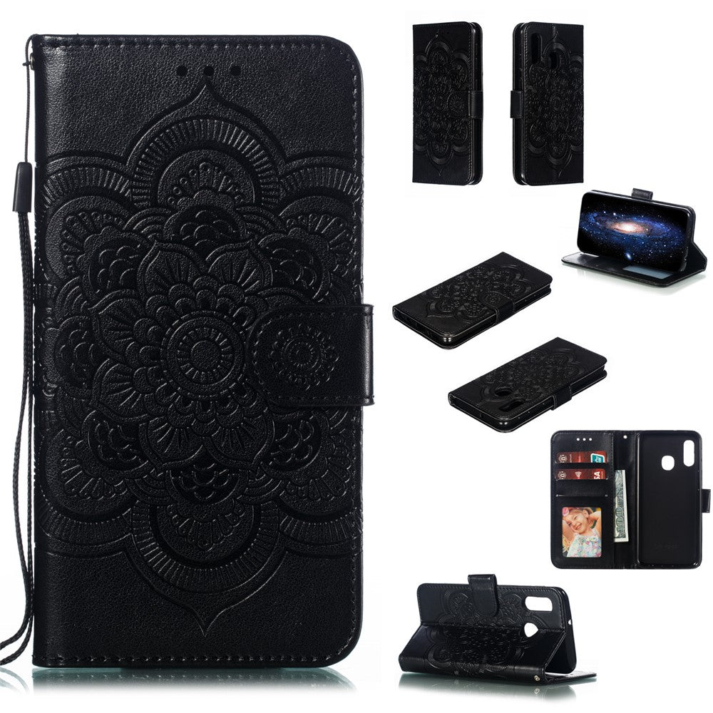 Imprint Mandala Flower Stand Wallet Leather Case for Samsung Galaxy A20e Anti-Scratch Phone Accessory