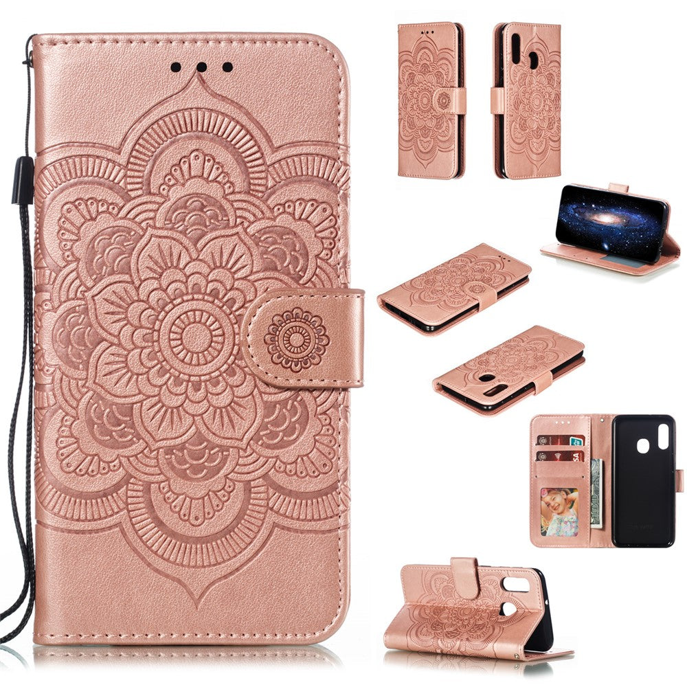 Imprint Mandala Flower Stand Wallet Leather Case for Samsung Galaxy A20e Anti-Scratch Phone Accessory