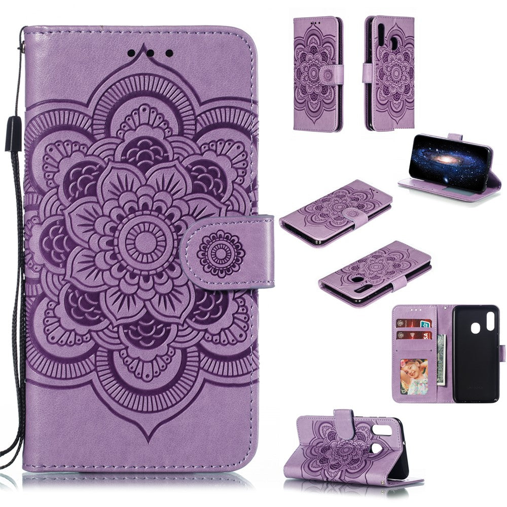 Imprint Mandala Flower Stand Wallet Leather Case for Samsung Galaxy A20e Anti-Scratch Phone Accessory