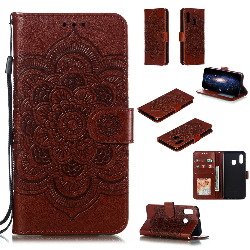 Imprint Mandala Flower Stand Wallet Leather Case for Samsung Galaxy A20e Anti-Scratch Phone Accessory