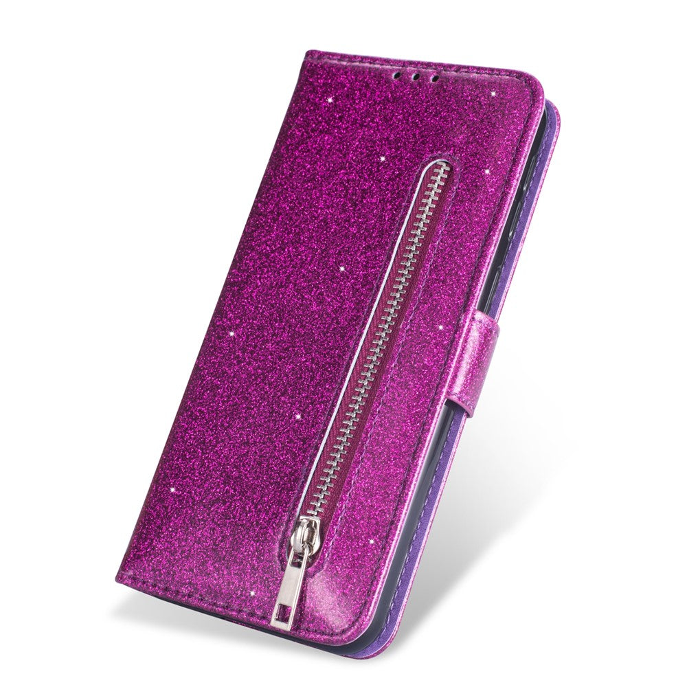 Glitterpuderfärgat läderfodral med dragkedja och stativ för Samsung Galaxy A10