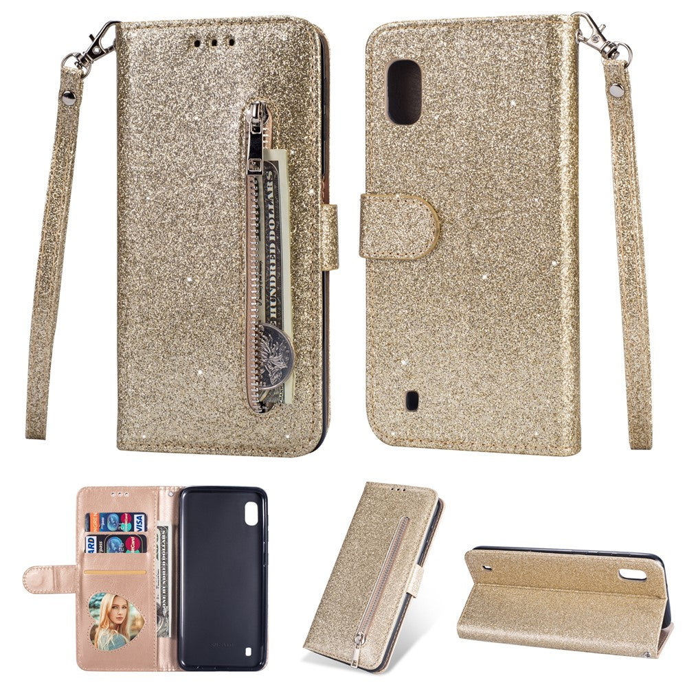 Glitterpuderfärgat läderfodral med dragkedja och stativ för Samsung Galaxy A10