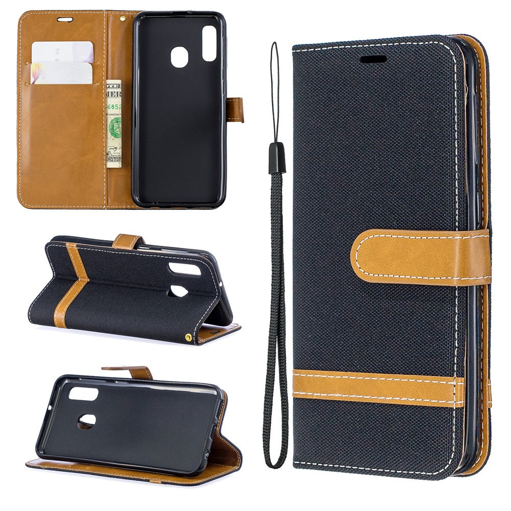 Jeans Stof Læder Pung Etui til Samsung Galaxy A20e
