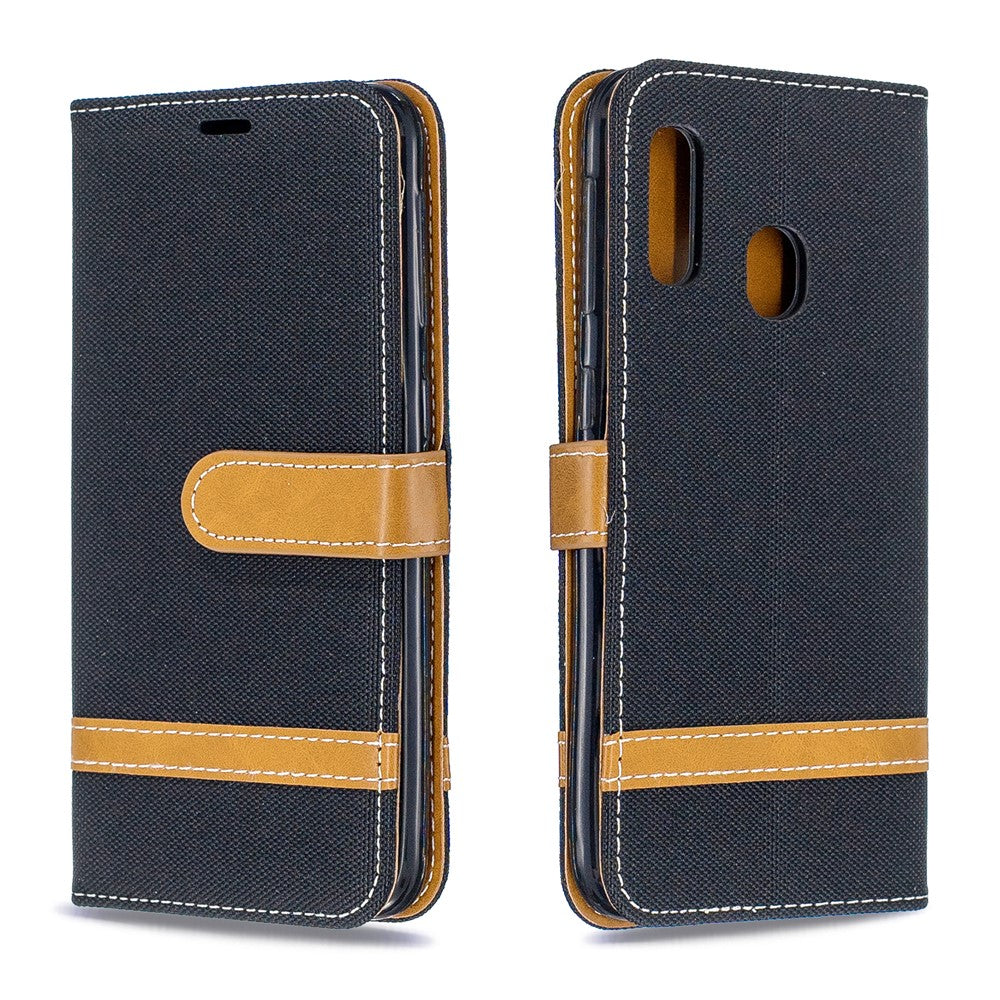 Jeans Stof Læder Pung Etui til Samsung Galaxy A20e