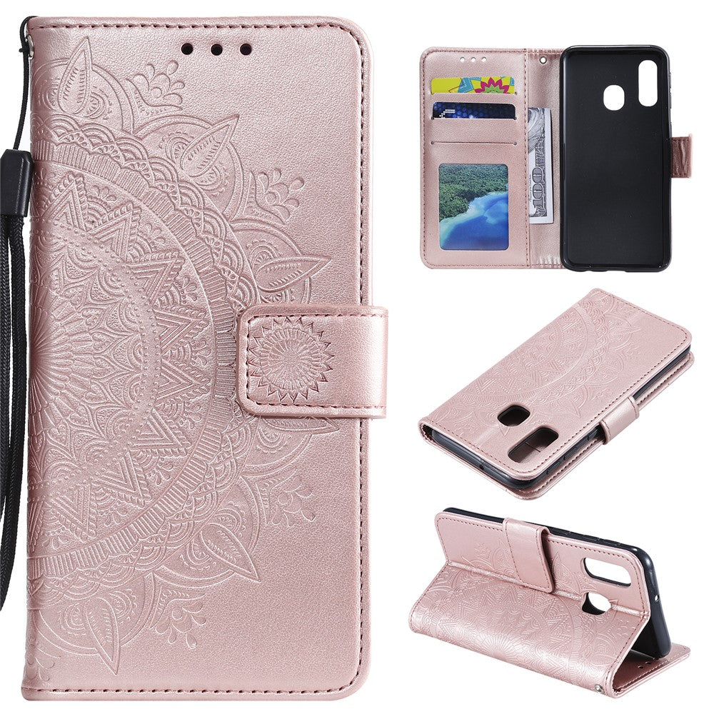 Imprint Mandala Flower Stand Wallet Leather Case for Samsung Galaxy A20e