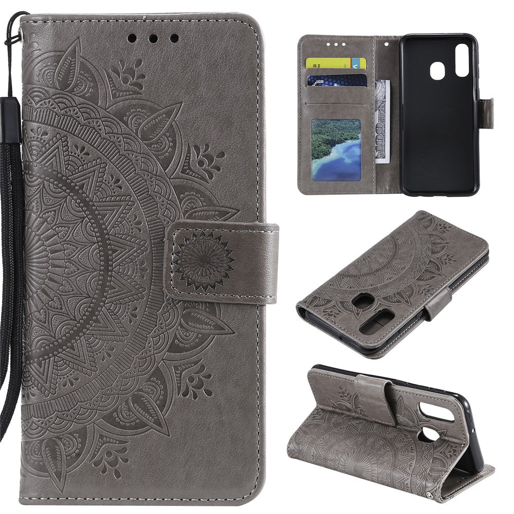 Imprint Mandala Flower Stand Wallet Leather Case for Samsung Galaxy A20e