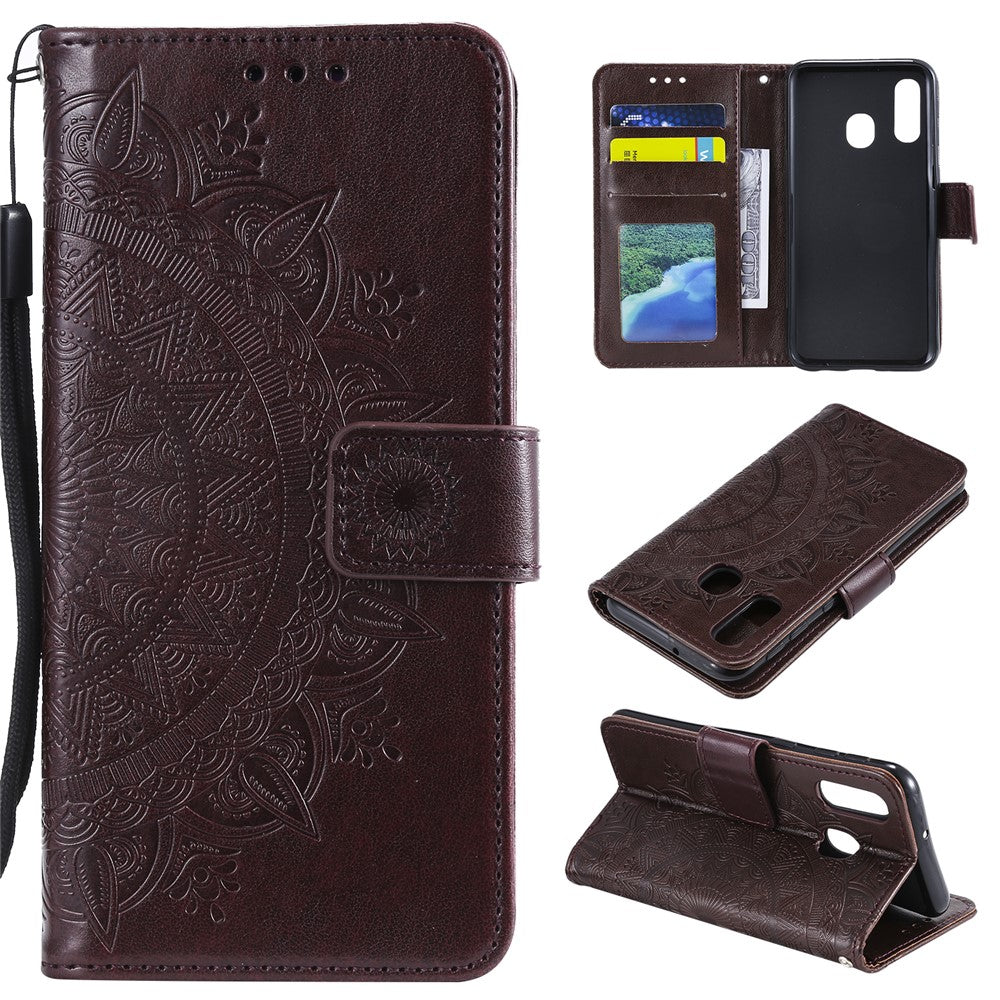 Imprint Mandala Flower Stand Wallet Leather Case for Samsung Galaxy A20e
