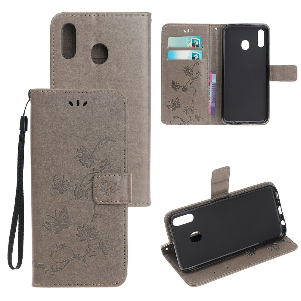 Pung etui i læder med sommerfugleblomstprint til Samsung Galaxy A20e