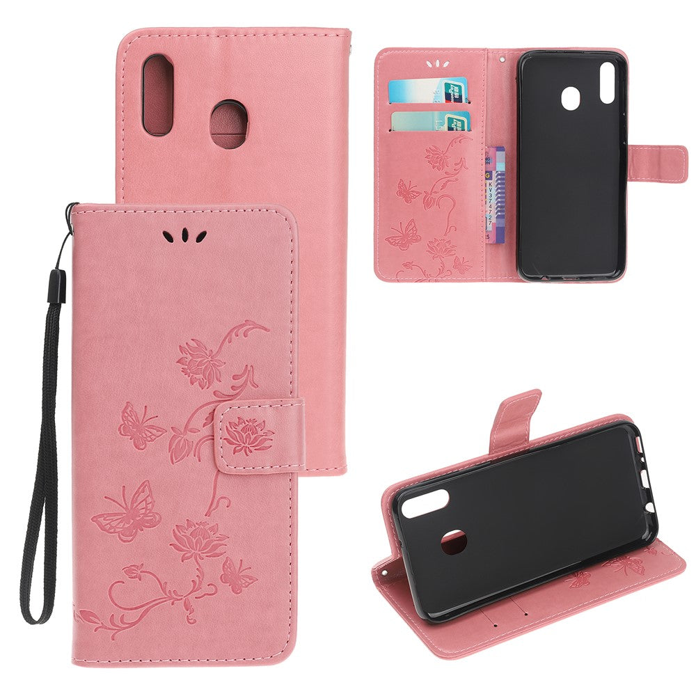 Pung etui i læder med sommerfugleblomstprint til Samsung Galaxy A20e