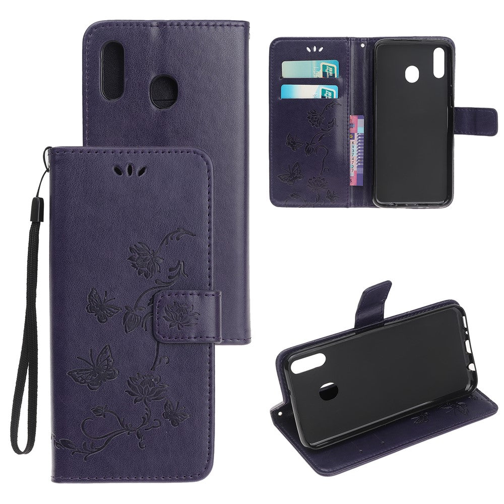 Pung etui i læder med sommerfugleblomstprint til Samsung Galaxy A20e