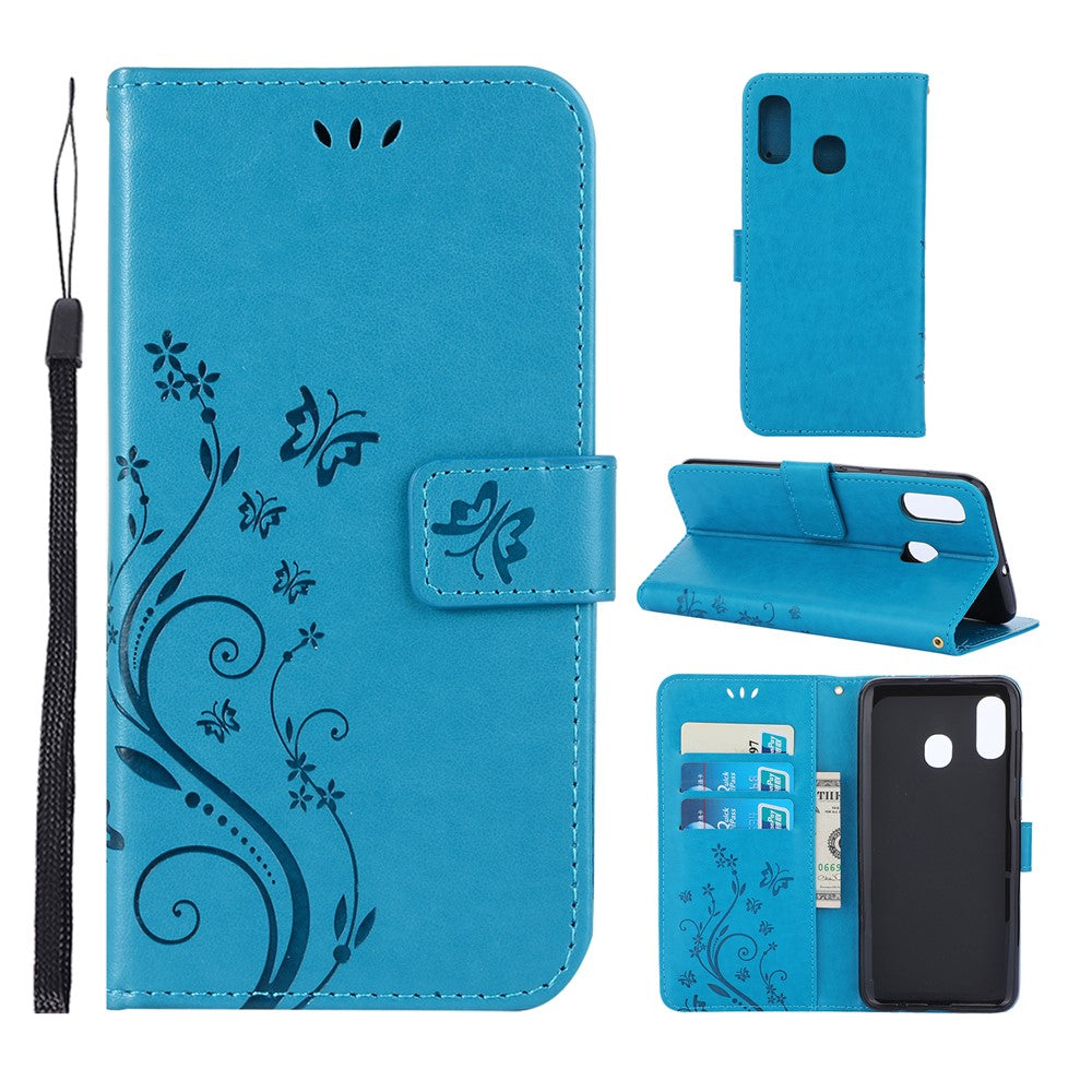 Imprint Butterfly Flowers Leather Phone Cover for Samsung Galaxy A30 / A20