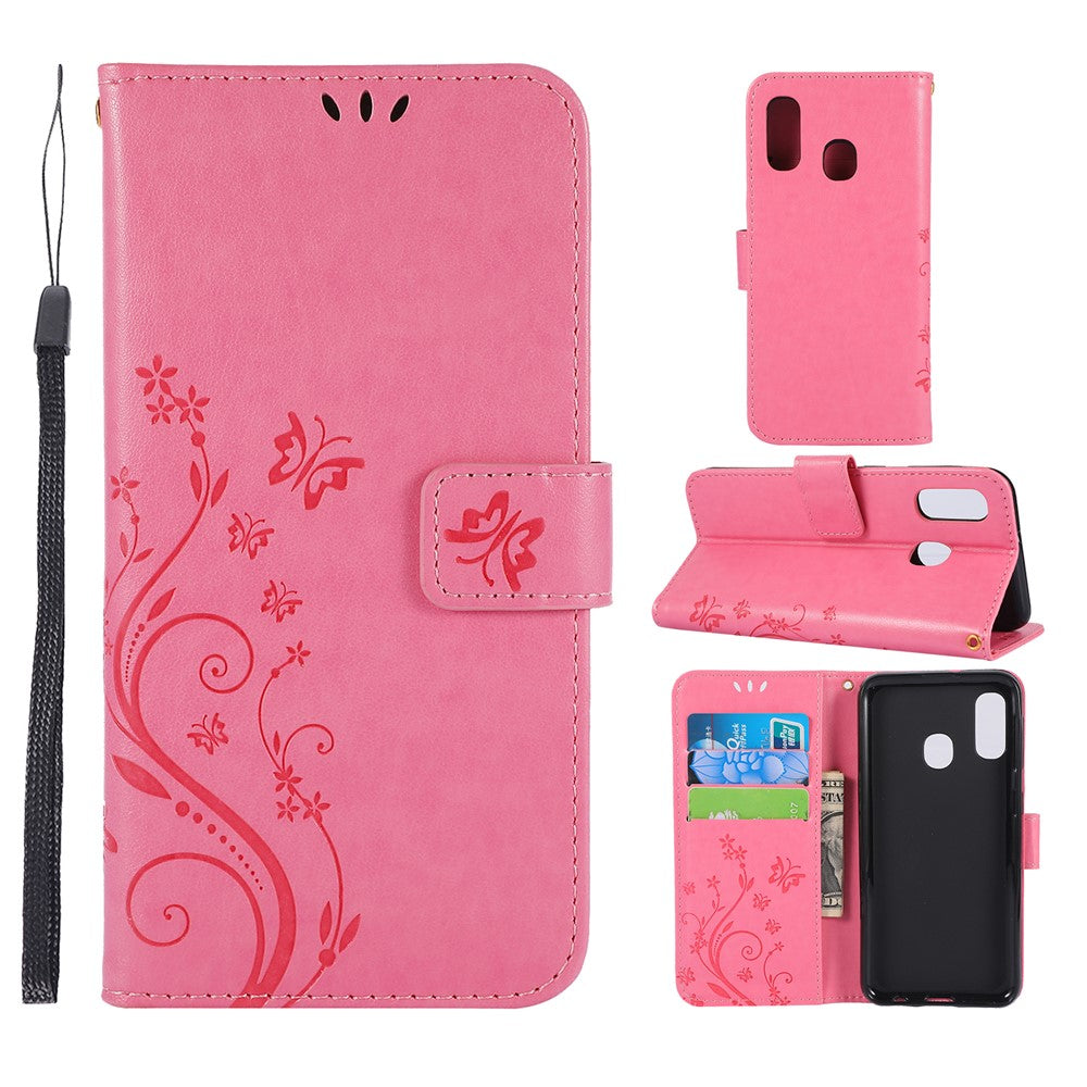 Imprint Butterfly Flowers Leather Phone Case for Samsung Galaxy A20e
