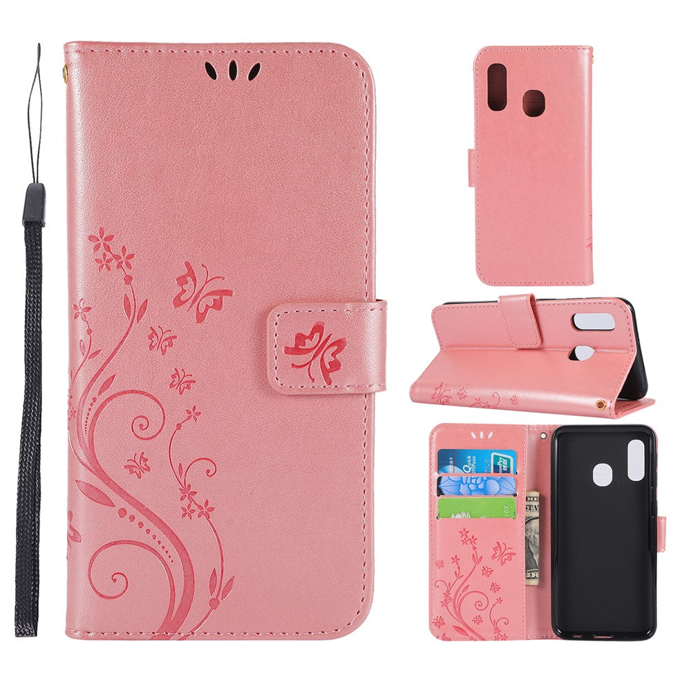 Imprint Butterfly Flowers Leather Phone Case for Samsung Galaxy A20e