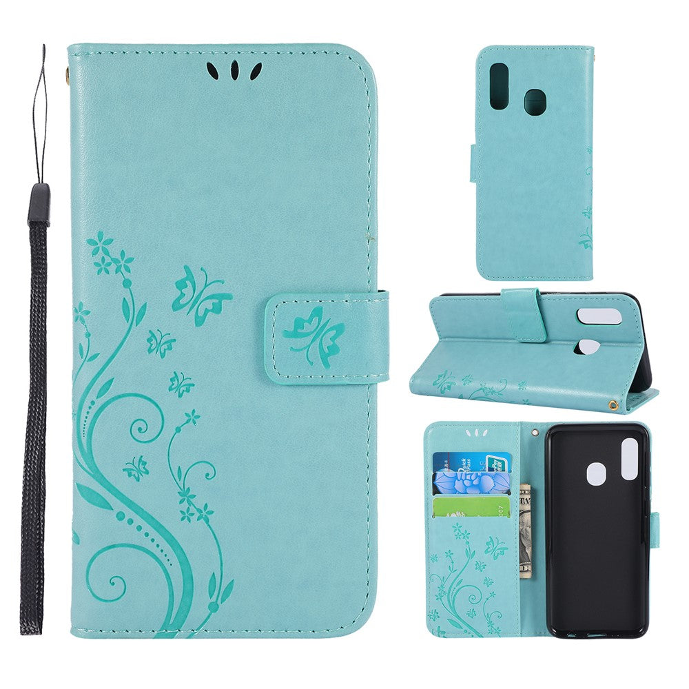 Imprint Butterfly Flowers Leather Phone Case for Samsung Galaxy A20e