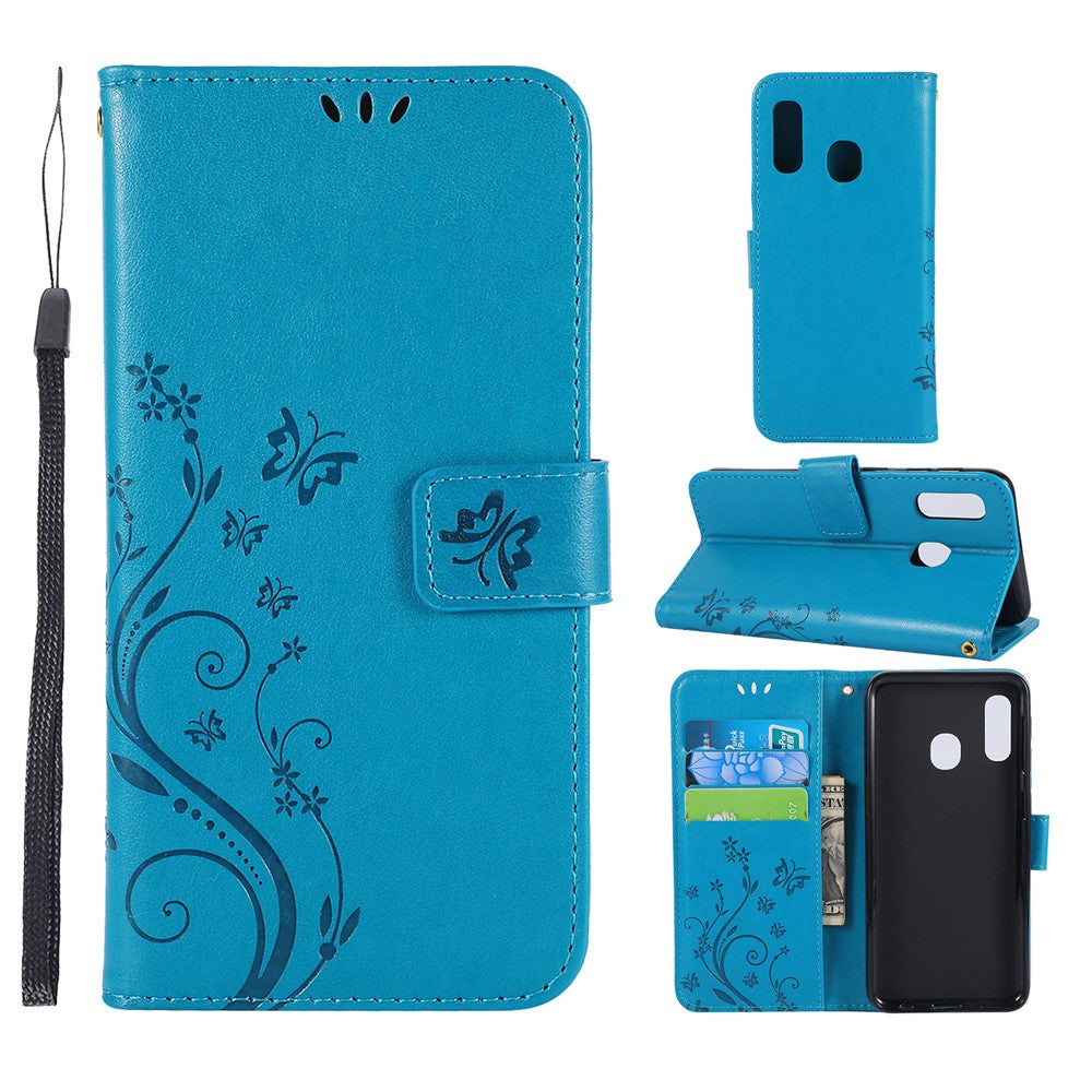 Imprint Butterfly Flowers Leather Phone Case for Samsung Galaxy A20e