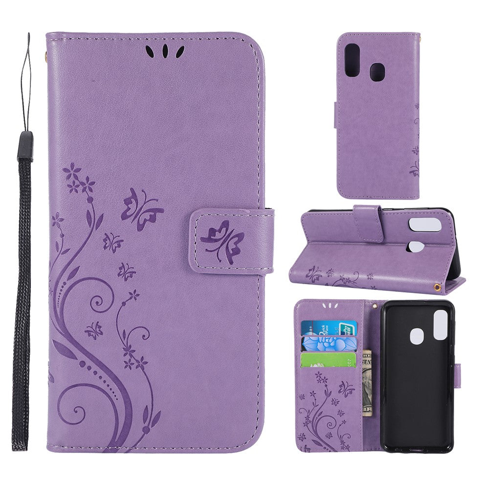 Imprint Butterfly Flowers Leather Phone Case for Samsung Galaxy A20e