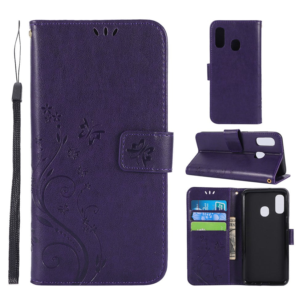 Imprint Butterfly Flowers Leather Phone Case for Samsung Galaxy A20e