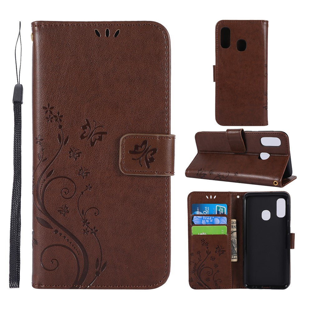 Imprint Butterfly Flowers Leather Phone Case for Samsung Galaxy A20e