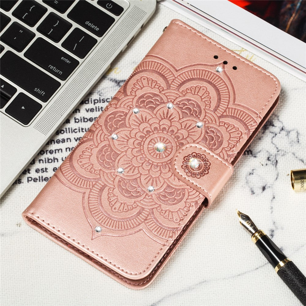 Shiny Diamond Imprint Flower Leather Phone Cover for Samsung Galaxy A20e