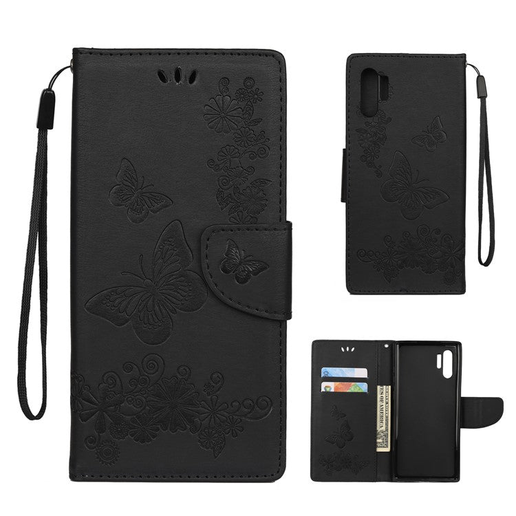 Läderfodral med stativ och plånbok i läder med avtryck och fjärilsblommor till Samsung Galaxy Note 10 Plus/Note 10 Plus 5G