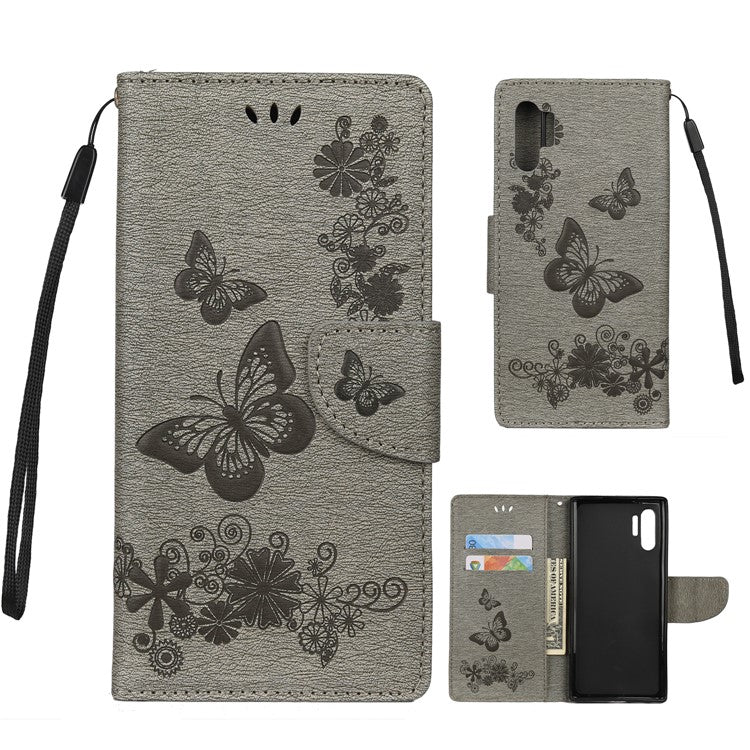 Läderfodral med stativ och plånbok i läder med avtryck och fjärilsblommor till Samsung Galaxy Note 10 Plus/Note 10 Plus 5G