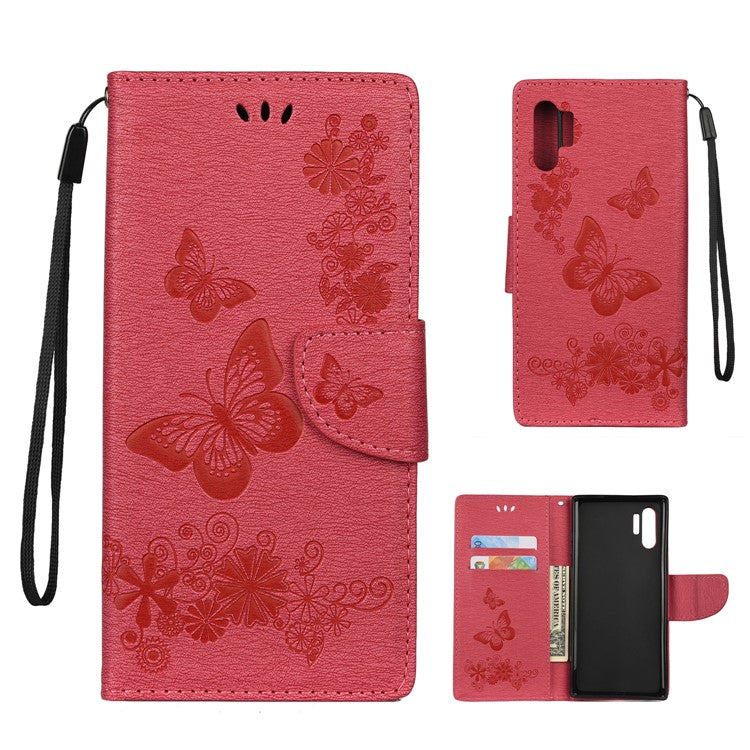 Läderfodral med stativ och plånbok i läder med avtryck och fjärilsblommor till Samsung Galaxy Note 10 Plus/Note 10 Plus 5G