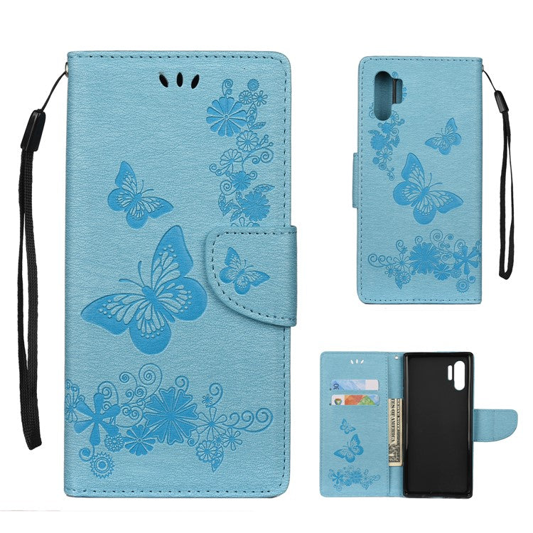 Läderfodral med stativ och plånbok i läder med avtryck och fjärilsblommor till Samsung Galaxy Note 10 Plus/Note 10 Plus 5G