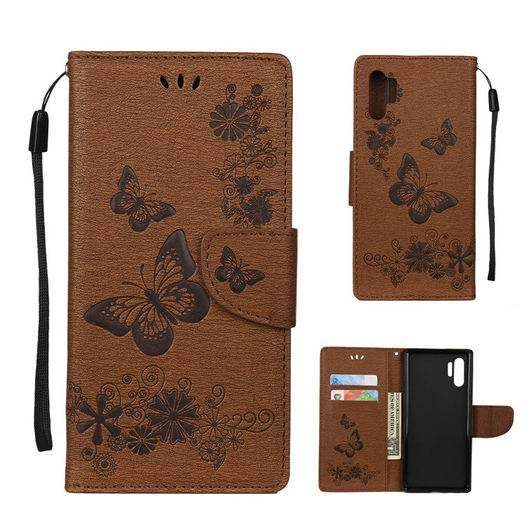 Läderfodral med stativ och plånbok i läder med avtryck och fjärilsblommor till Samsung Galaxy Note 10 Plus/Note 10 Plus 5G