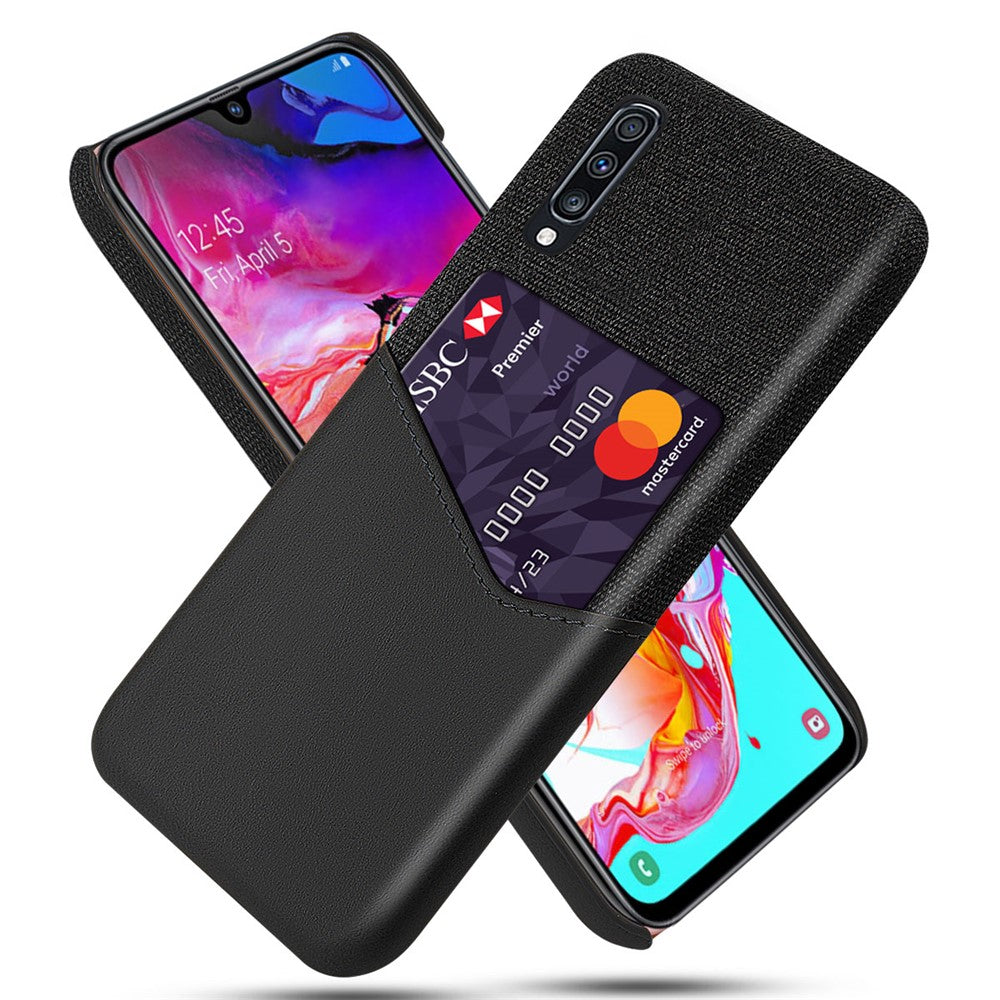 Telefoncover PC + PU + stof hybrid bagside med kortplads til Samsung Galaxy A70