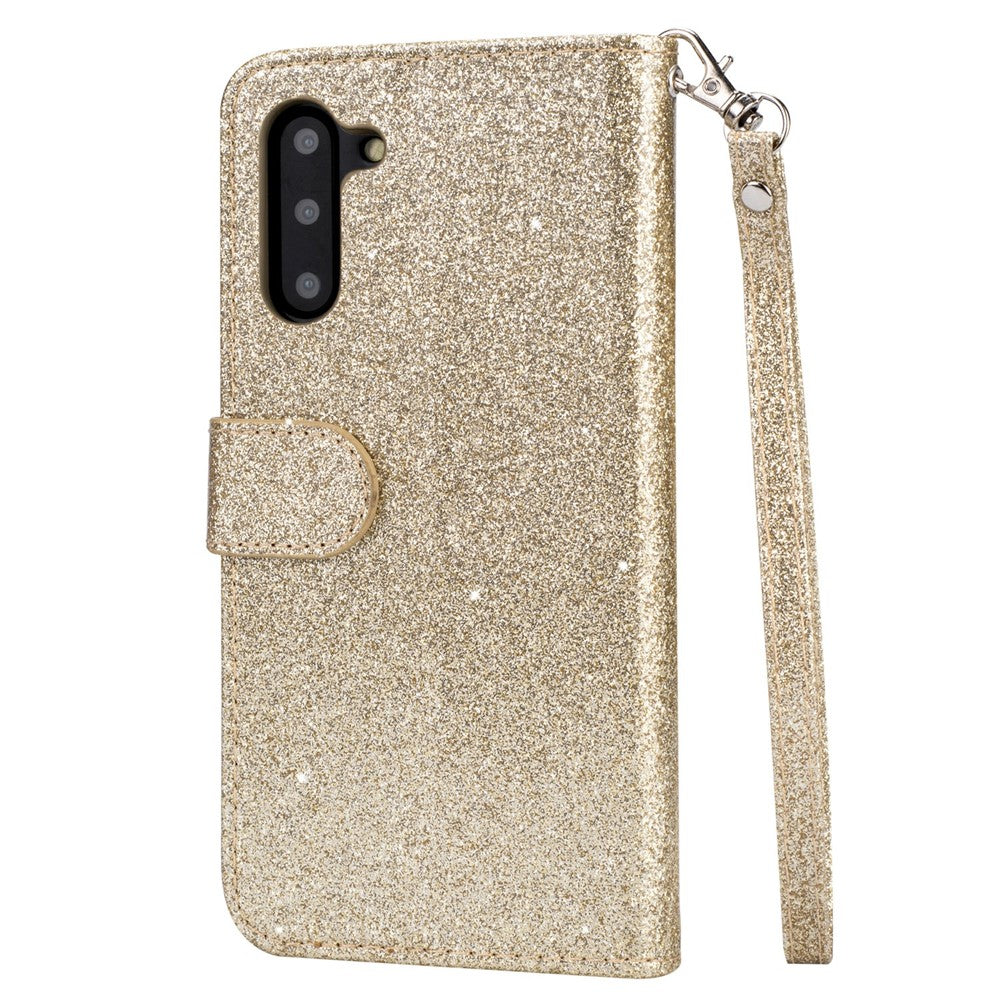 Flash Powder Lynlås Stående Læder Pung Telefoncover med Rem til Samsung Galaxy Note 10/Note 10 5G
