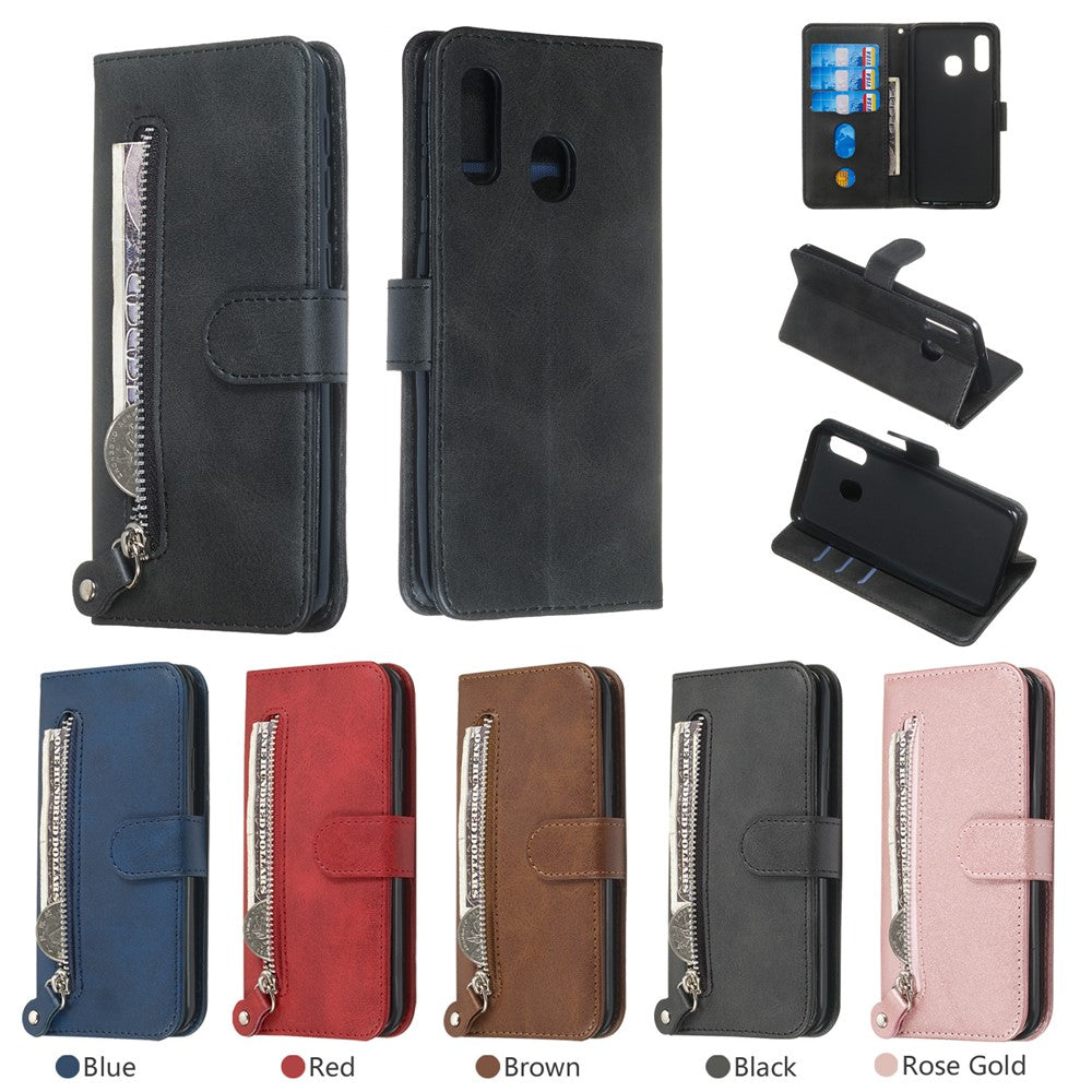 Pungetuiskort etui læder flip cover til Samsung Galaxy A20e med lynlåslomme