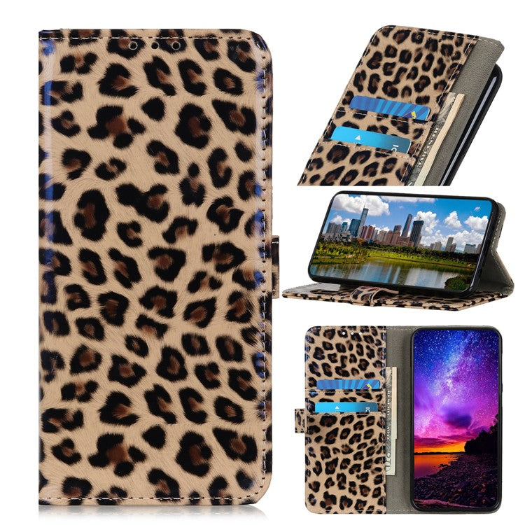 Leopardtexturerat glansigt plånboksfodral i läder för Samsung Galaxy A51