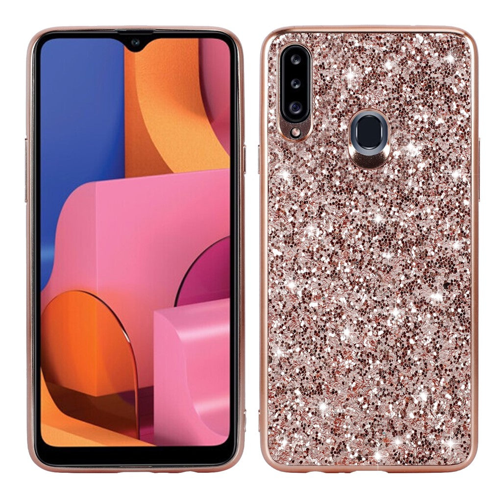 Sparkle Sequins Galvanisering TPU Ramme+PC Telefon Beskyttelsescover til Samsung Galaxy A20s