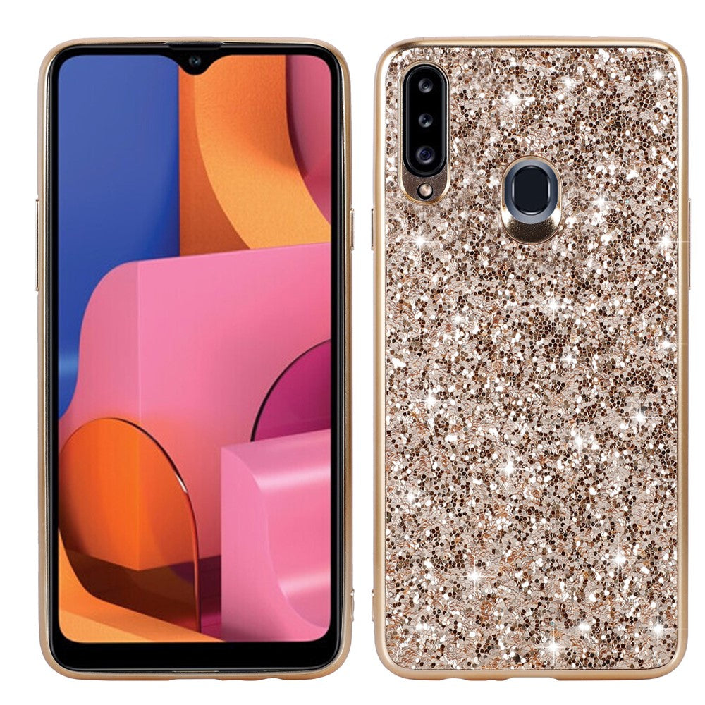 Sparkle Sequins Galvanisering TPU Ramme+PC Telefon Beskyttelsescover til Samsung Galaxy A20s