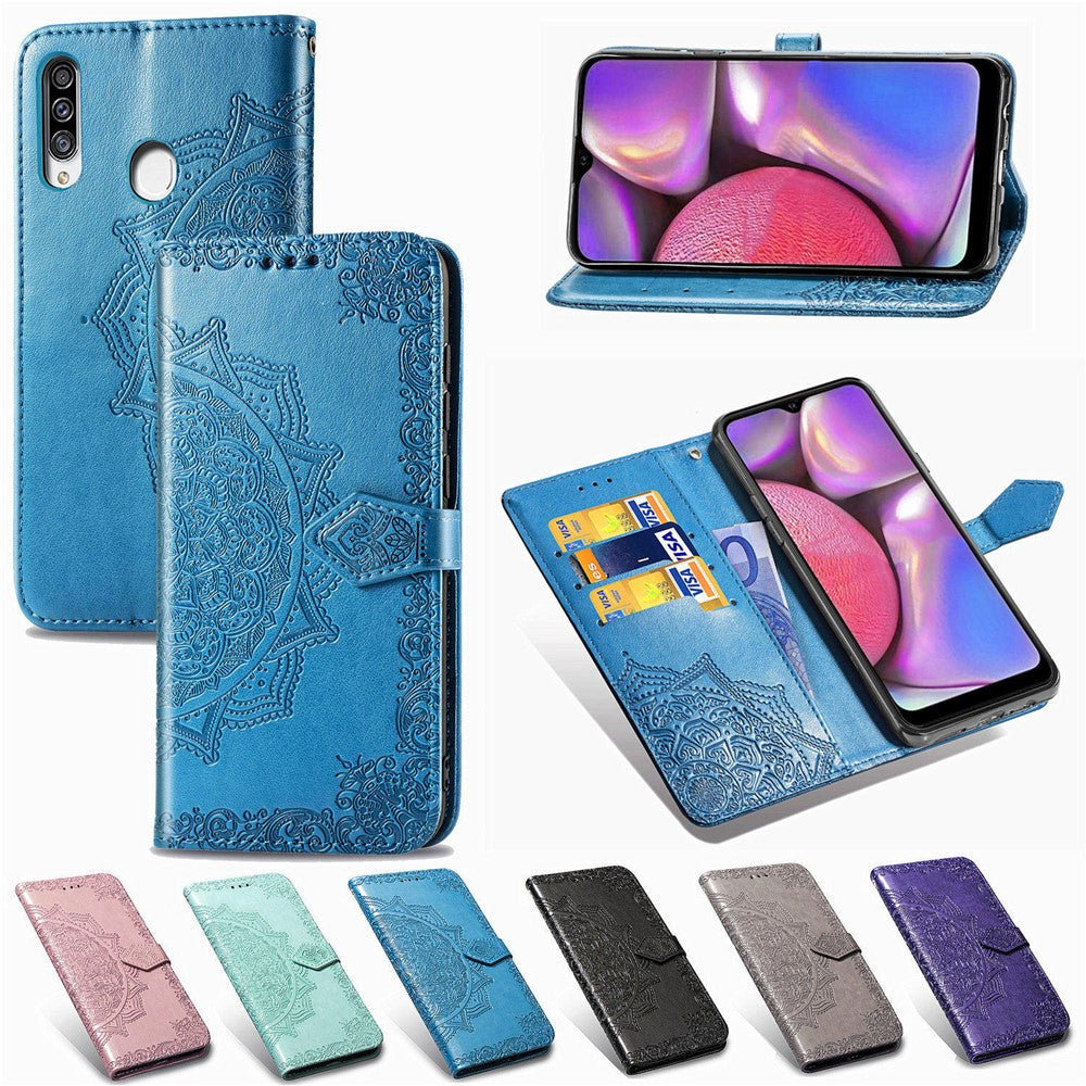 Præget Mandala Blomst Pung Stand Læder Telefoncover til Samsung Galaxy A20s