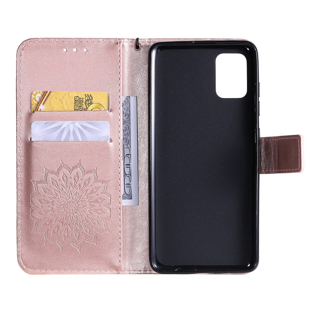 For Samsung Galaxy A51 Phone Case Sunflower Imprinted Leather Wallet Stand Cover with Strap