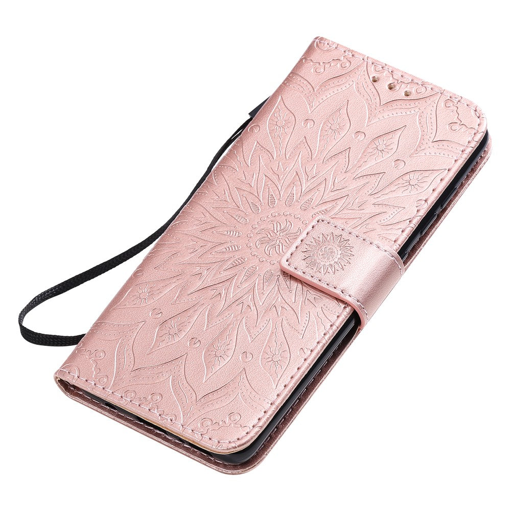 For Samsung Galaxy A51 Phone Case Sunflower Imprinted Leather Wallet Stand Cover with Strap