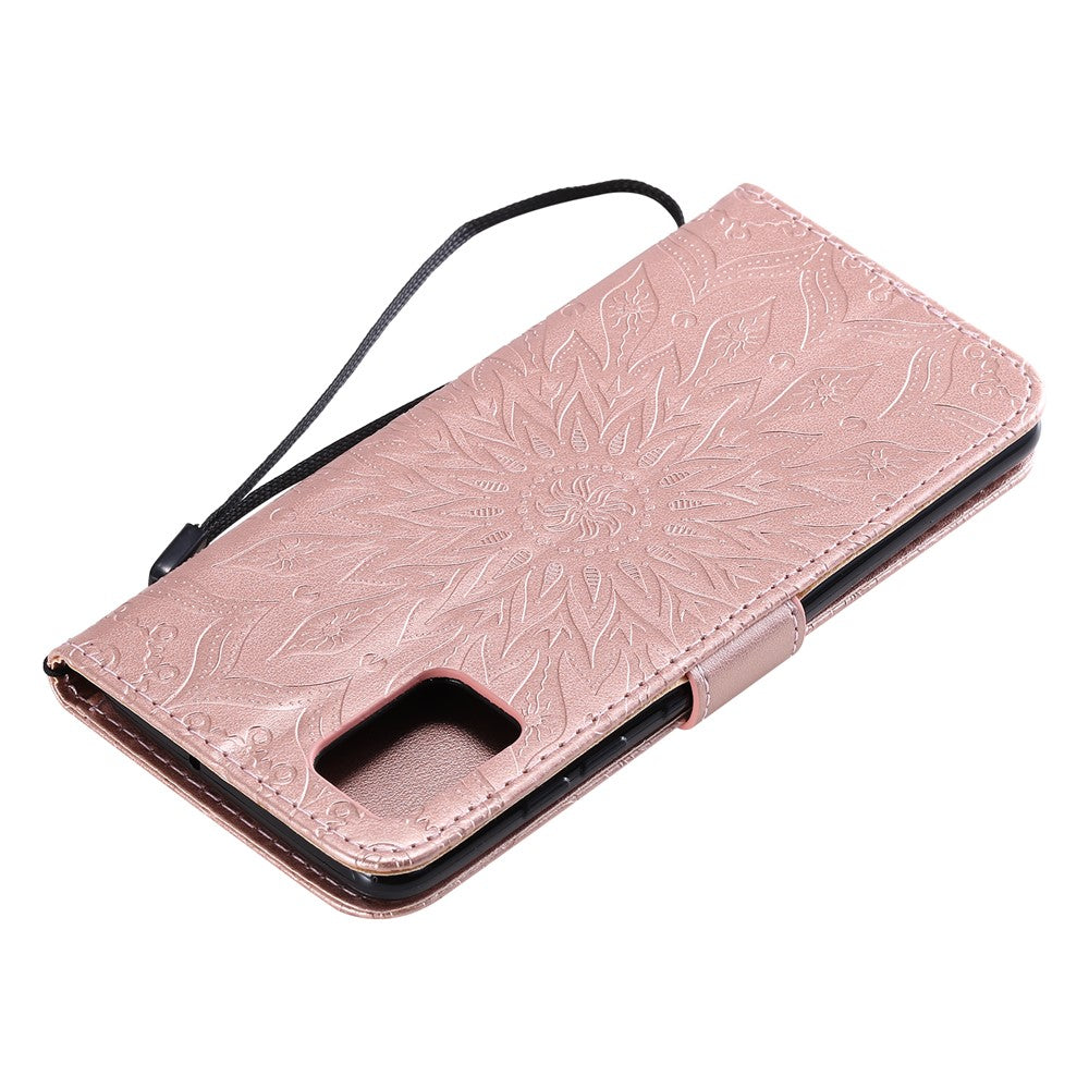 For Samsung Galaxy A51 Phone Case Sunflower Imprinted Leather Wallet Stand Cover with Strap