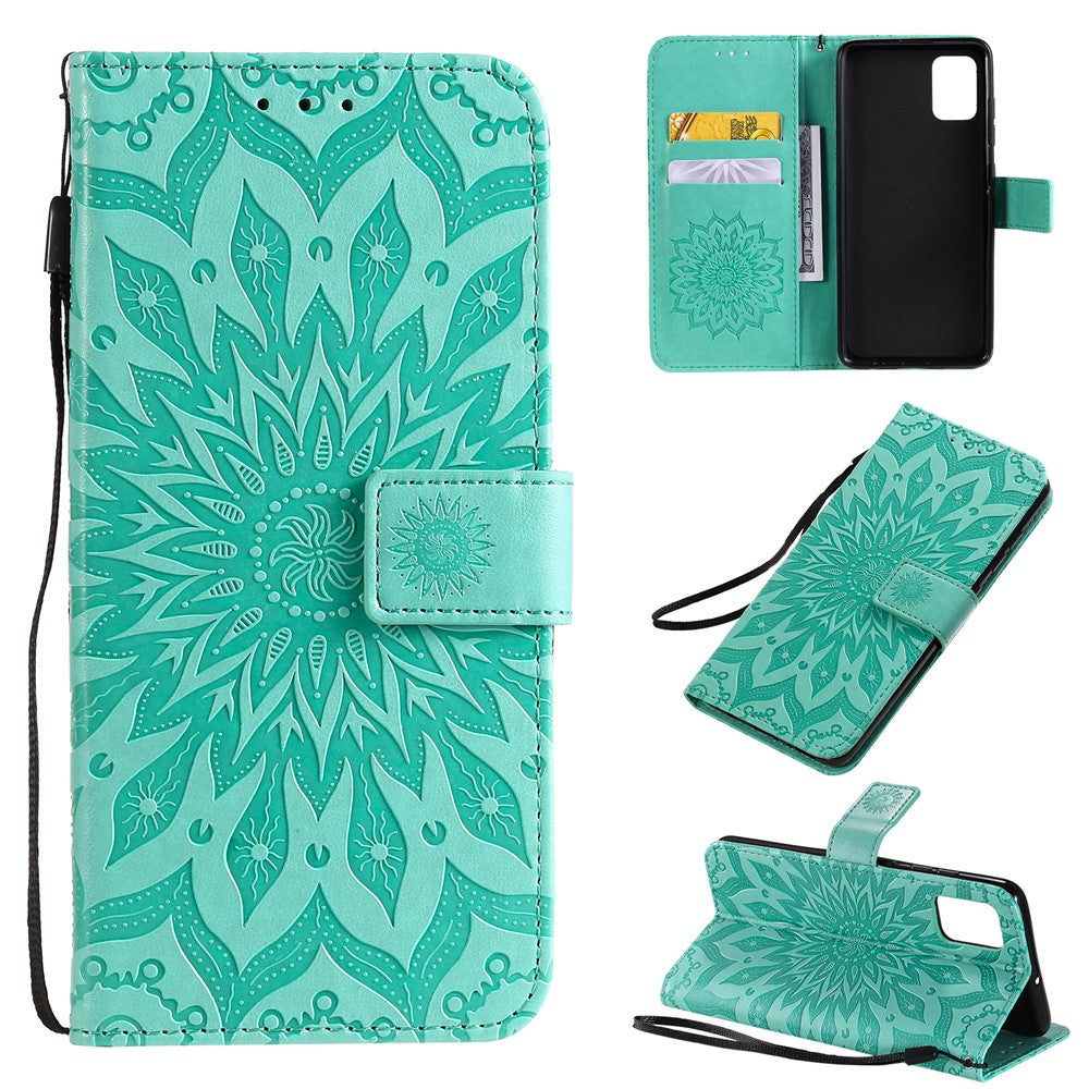 For Samsung Galaxy A51 Phone Case Sunflower Imprinted Leather Wallet Stand Cover with Strap