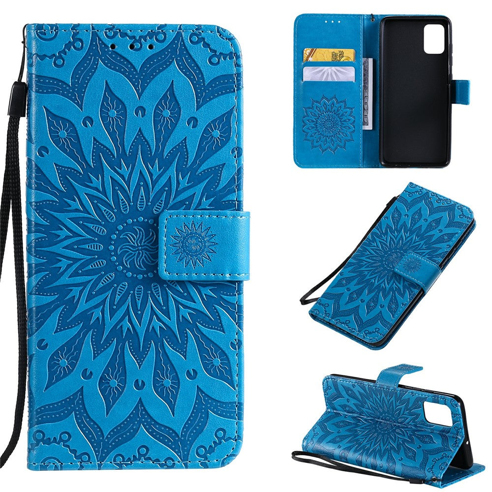 For Samsung Galaxy A51 Phone Case Sunflower Imprinted Leather Wallet Stand Cover with Strap