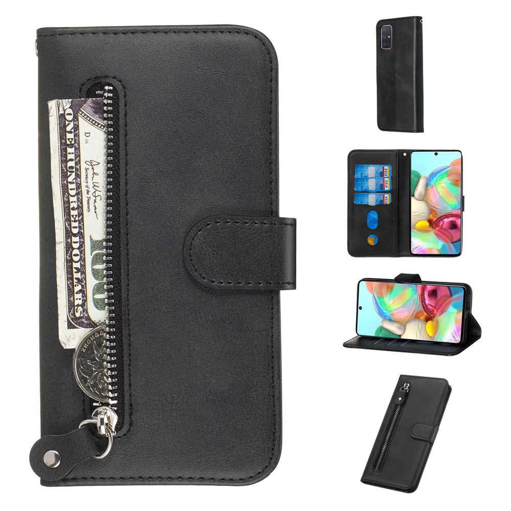 Til Samsung Galaxy A71 PU-læderetuier med lynlåslomme Pung Telefoncover Stand