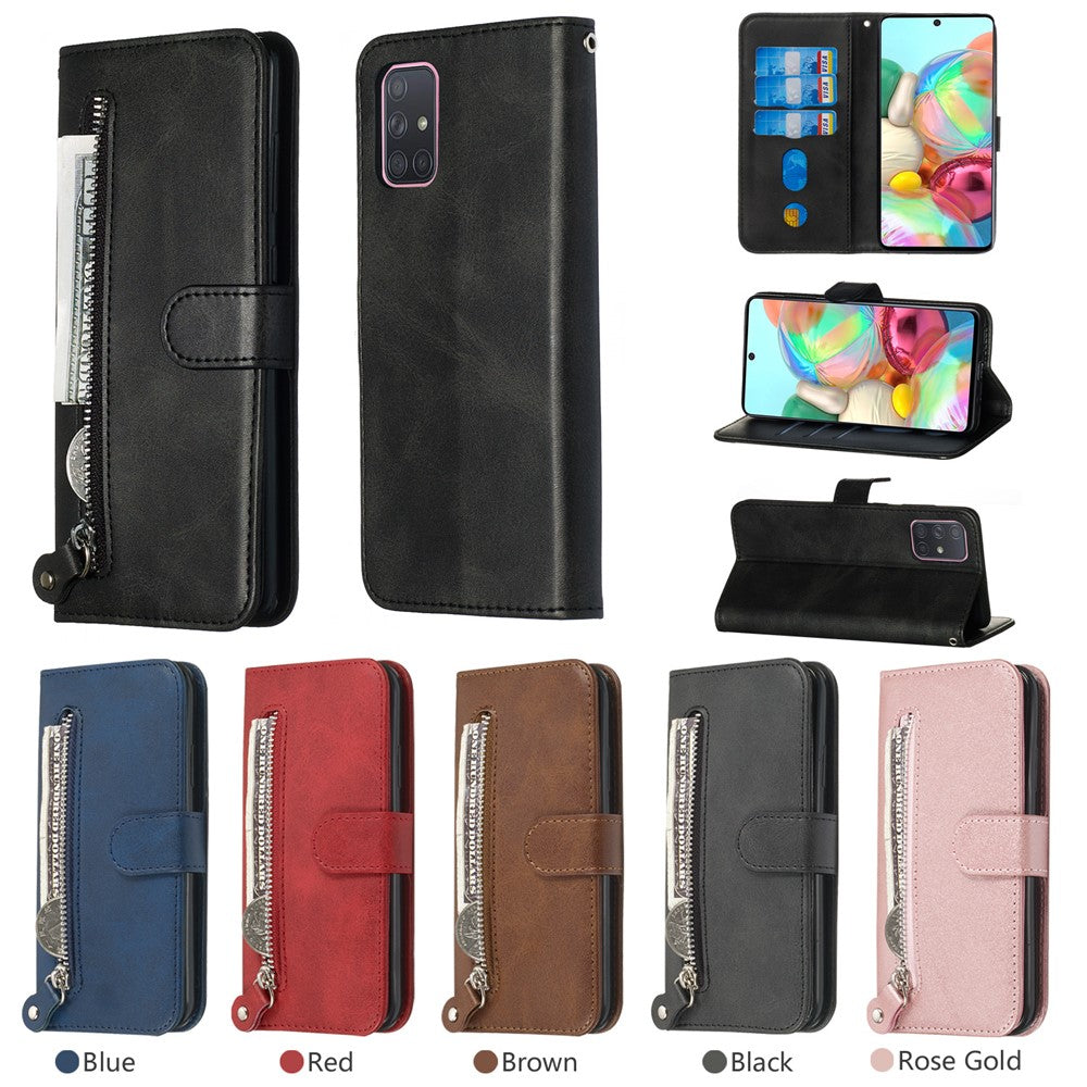 Til Samsung Galaxy A71 PU-læderetuier med lynlåslomme Pung Telefoncover Stand