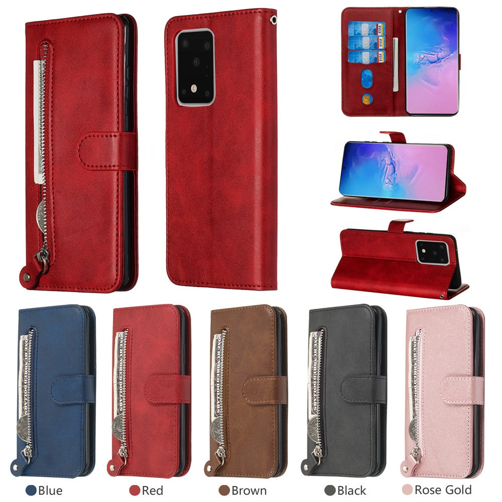 For Samsung Galaxy S20 Ultra PU Leather Cases with Zipper Pocket Wallet Phone Cover Stand