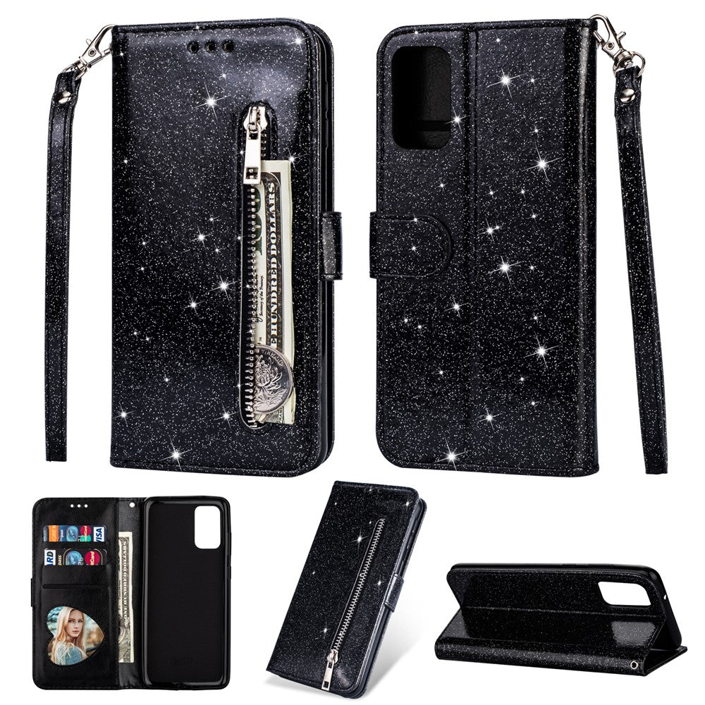 Glitter Powder Zippered Stand Leather Wallet Case with Strap for Samsung Galaxy S20 Plus / S20 Plus 5G