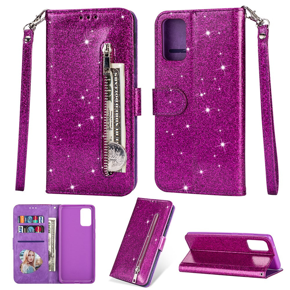 Flash Powder Zipper Pocket Leather Wallet Case Phone Shell for Samsung Galaxy S20 4G/S20 5G