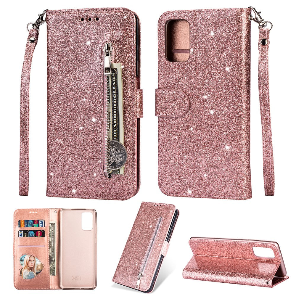Flash Powder Zipper Pocket Leather Wallet Case Phone Shell for Samsung Galaxy S20 4G/S20 5G
