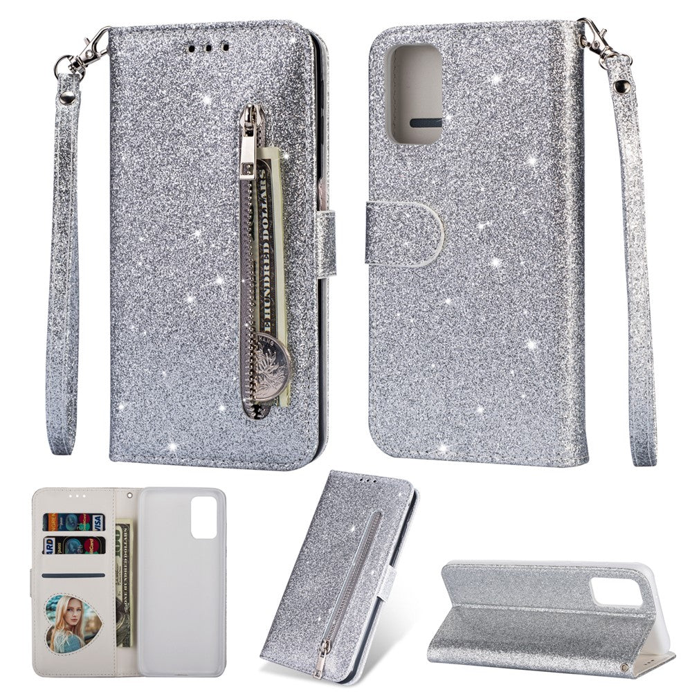 Flash Powder Zipper Pocket Leather Wallet Case Phone Shell for Samsung Galaxy S20 4G/S20 5G
