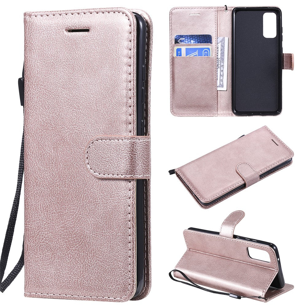 For Samsung Galaxy S20 4G / S20 5G Case Solid Color Leather Mobile Cover Wallet Stand with Strap